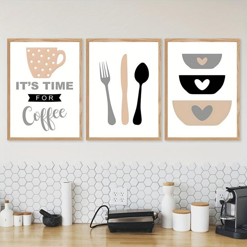 3pcs Coffee Cups Cutlery Canvas Painting Kitchen Utensils Posters And Prints