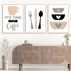 3pcs Coffee Cups Cutlery Canvas Painting Kitchen Utensils Posters And Prints