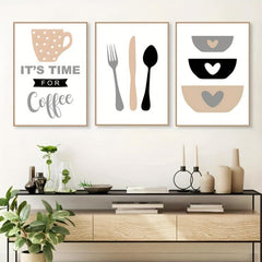 3pcs Coffee Cups Cutlery Canvas Painting Kitchen Utensils Posters And Prints