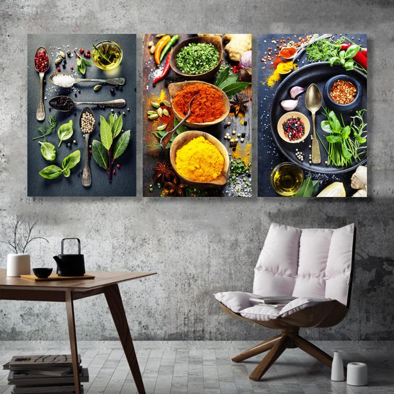 3pcs Kitchen Pictures Wall Decor Spices And Spoon Canvas Prints