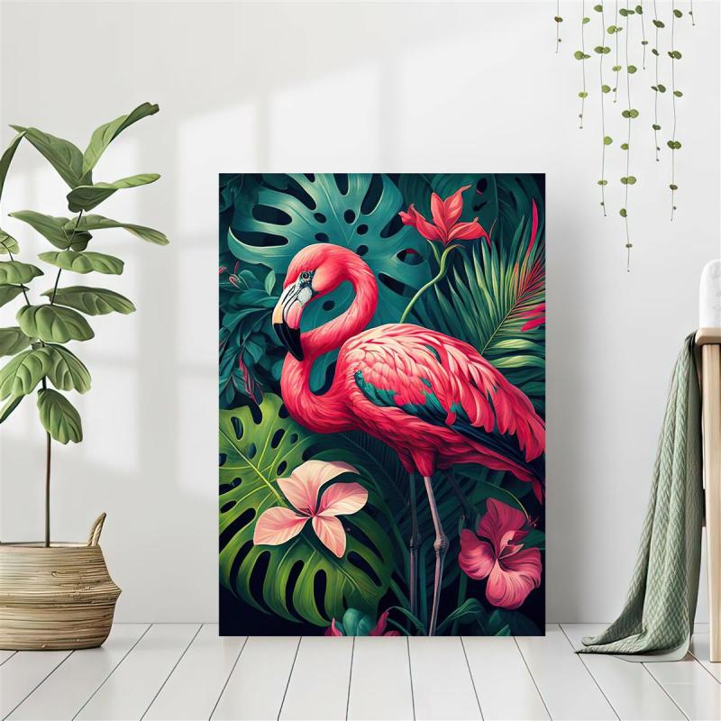 Canvas Poster Beach Tropical Jungle Floral Flamingo Art Print Monstera Leaves