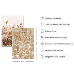 6pcs Meadow Reed & Animal Botanical Wall Picture Boho Style Art