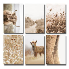 6pcs Meadow Reed & Animal Botanical Wall Picture Boho Style Art