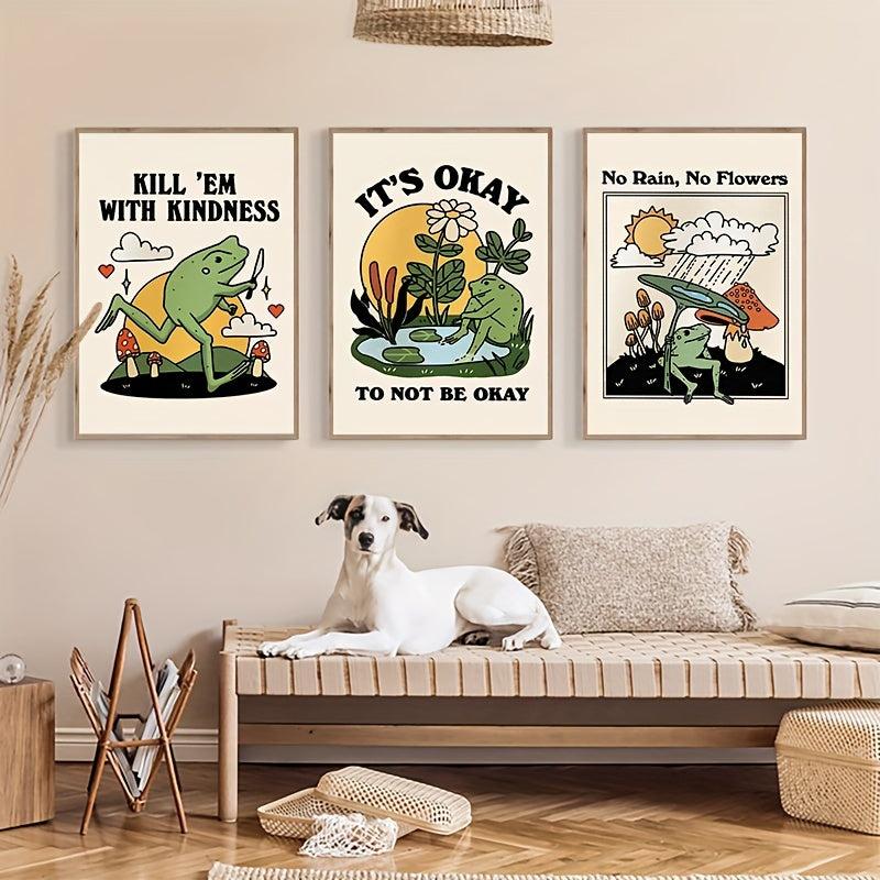 3pcs Cartoon Art Frog Painting Keep Being Kind Optimistic Posters