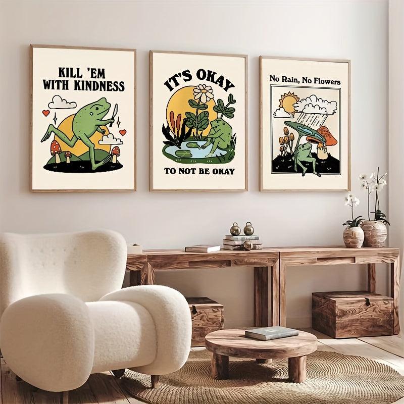 3pcs Cartoon Art Frog Painting Keep Being Kind Optimistic Posters