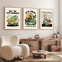 3pcs Cartoon Art Frog Painting Keep Being Kind Optimistic Posters