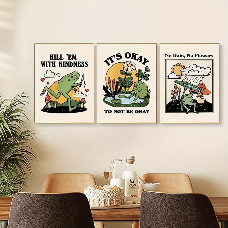 3pcs Cartoon Art Frog Painting Keep Being Kind Optimistic Posters