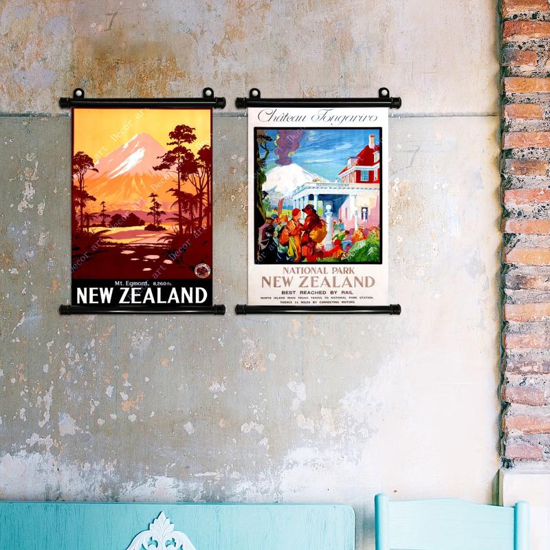 Vintage New Zealand Map Canvas Hanging Scroll Painting