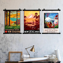 Vintage New Zealand Map Canvas Hanging Scroll Painting