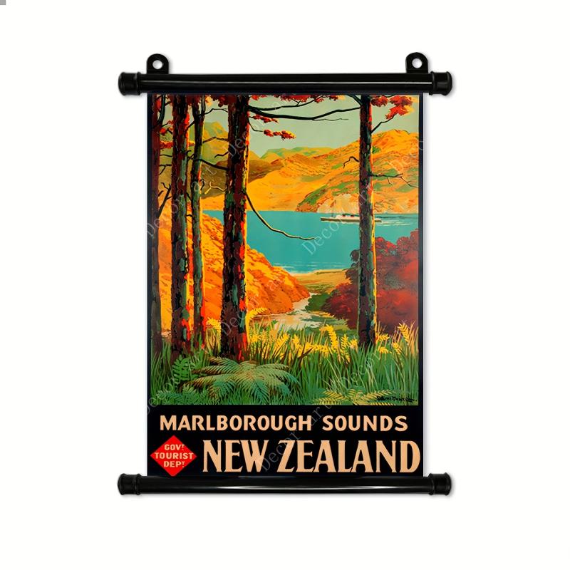 Vintage New Zealand Map Canvas Hanging Scroll Painting