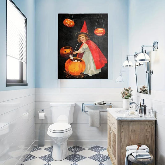 Canvas Poster Retro Art Halloween Vintage Pumpkin Young Witch Art Print