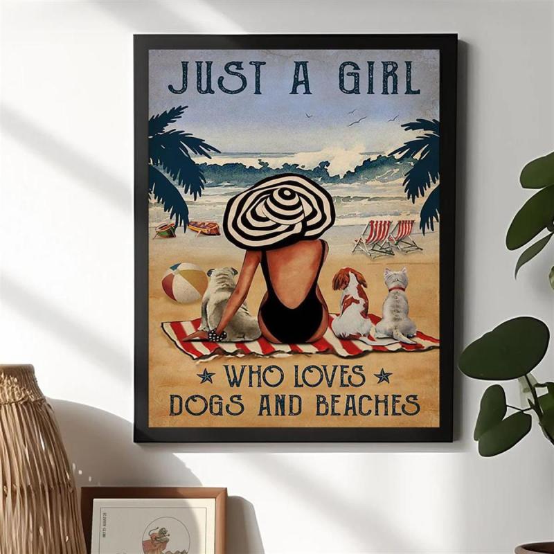 Vintage Art Canvas Painting Girl Dogs Beach Painting On Canvas