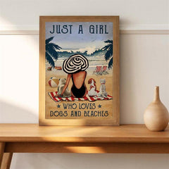 Vintage Art Canvas Painting Girl Dogs Beach Painting On Canvas