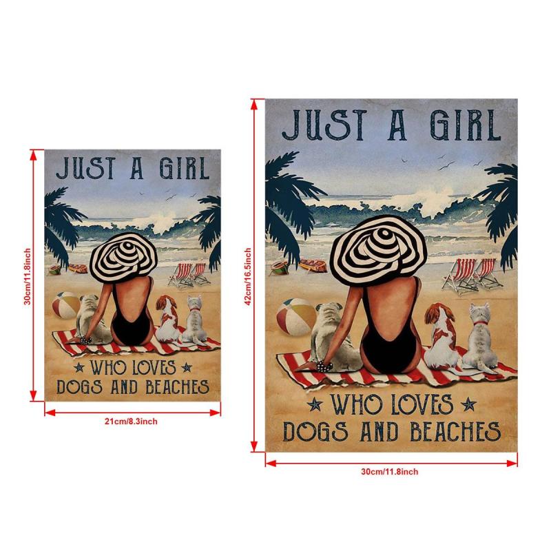 Vintage Art Canvas Painting Girl Dogs Beach Painting On Canvas