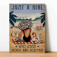 Vintage Art Canvas Painting Girl Dogs Beach Painting On Canvas