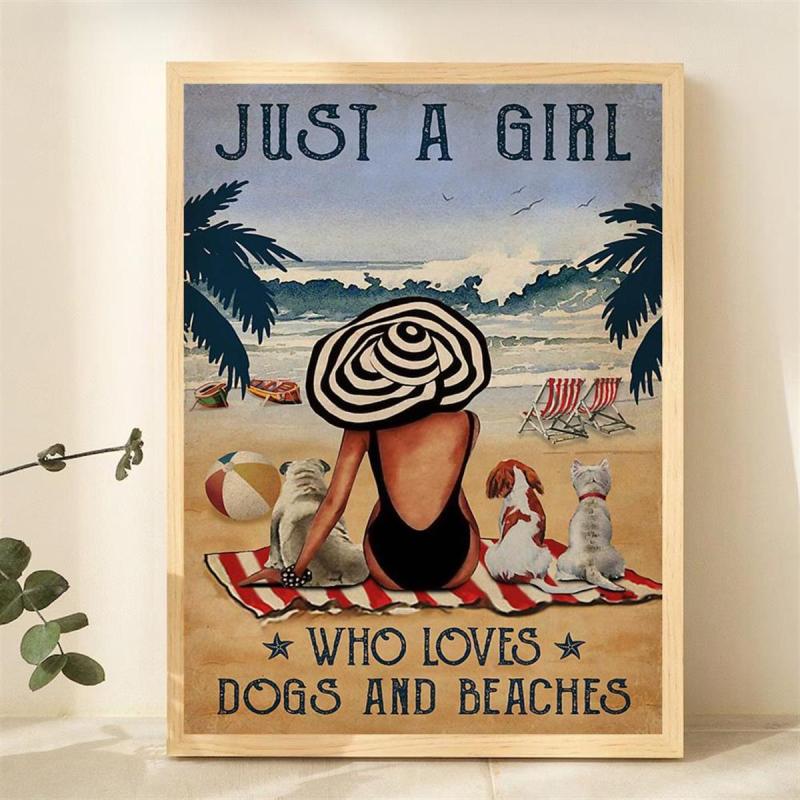 Vintage Art Canvas Painting Girl Dogs Beach Painting On Canvas