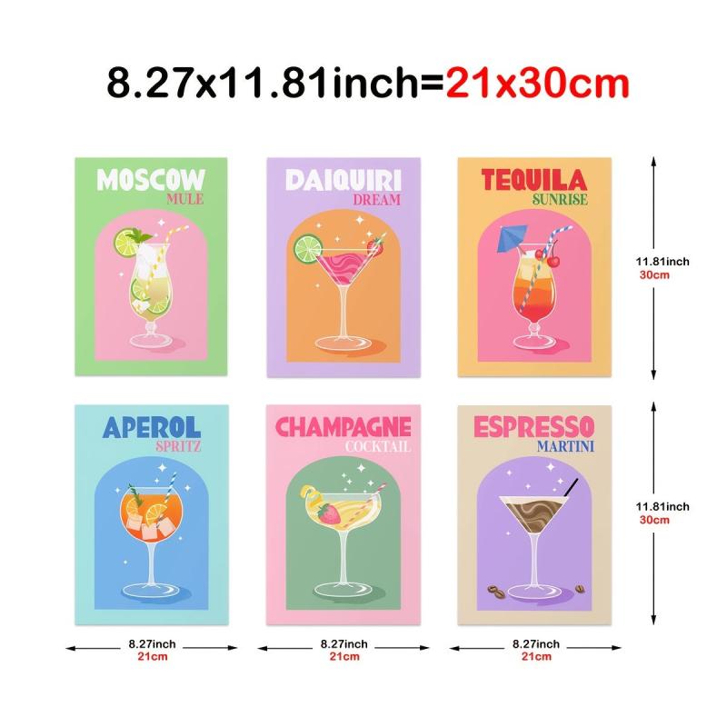 6pcs Cocktail Print Colorful Bar Cart Gallery Wall Poster Retro Cocktail Posters
