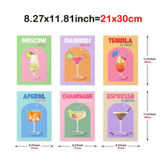 6pcs Cocktail Print Colorful Bar Cart Gallery Wall Poster Retro Cocktail Posters