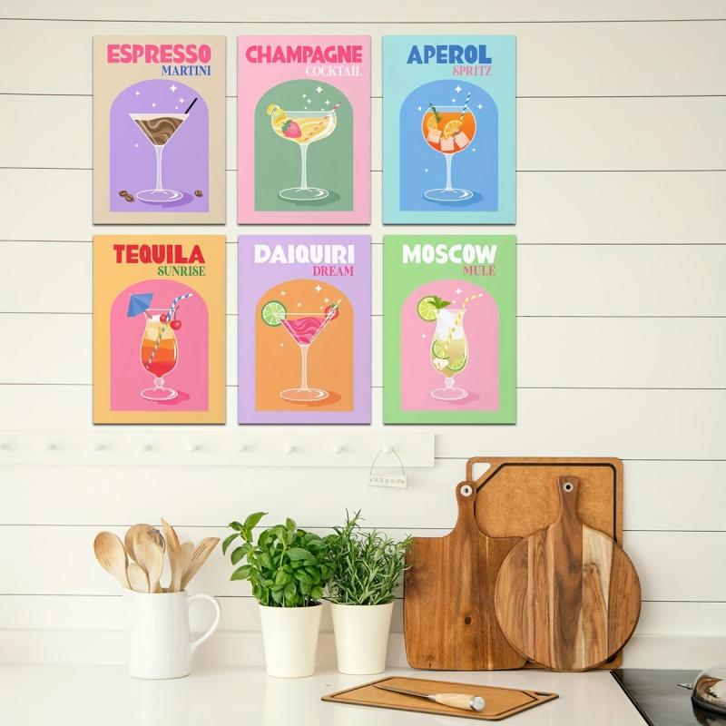 6pcs Cocktail Print Colorful Bar Cart Gallery Wall Poster Retro Cocktail Posters