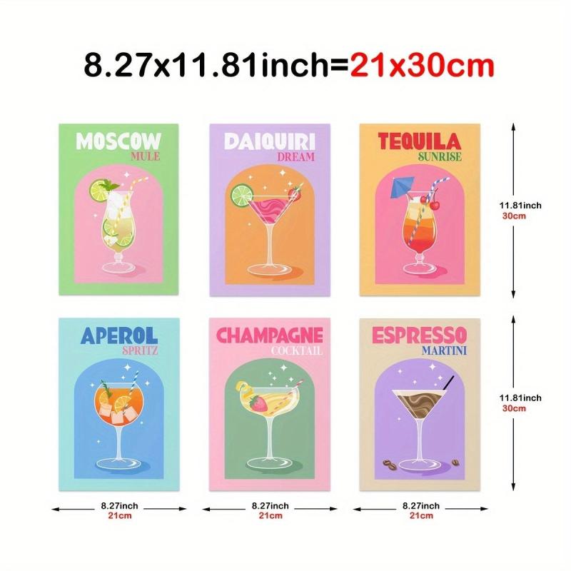 6pcs Cocktail Print Colorful Bar Cart Gallery Wall Poster Retro Cocktail Posters