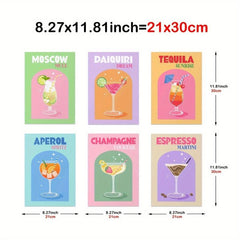 6pcs Cocktail Print Colorful Bar Cart Gallery Wall Poster Retro Cocktail Posters