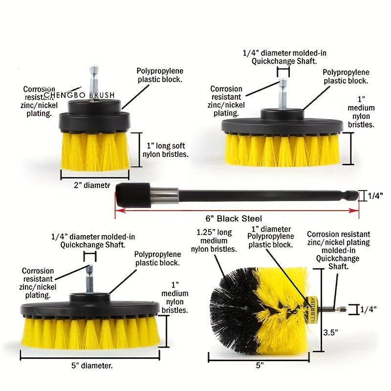 4pcs Auto Detailing Drill Brush Set - Wheel, Car, Tire, Floor Mat Cleaner