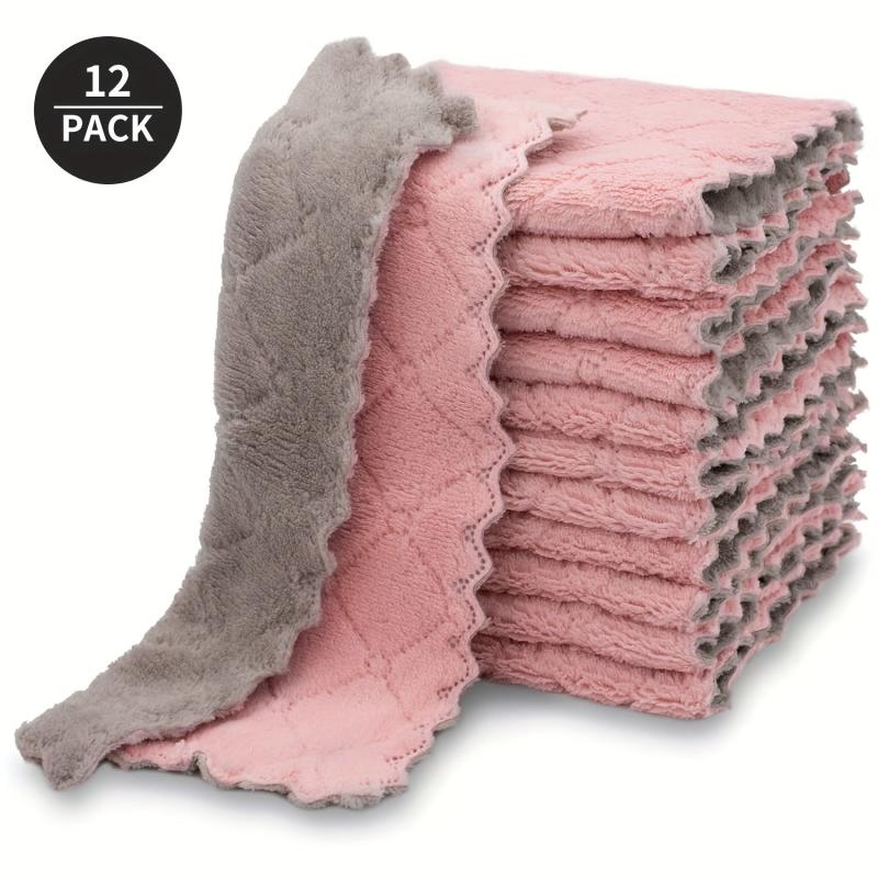 12pcs Coral Plush Dishwashing Towels Quick Drying Reusable