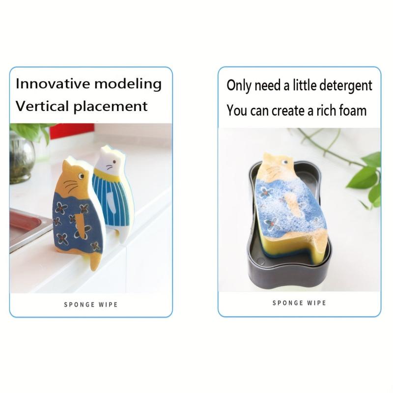 4pcs Cartoon Cat Microfiber Sponge Brush for Kitchen Bathroom Furniture