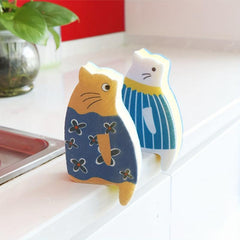 4pcs Cartoon Cat Microfiber Sponge Brush for Kitchen Bathroom Furniture