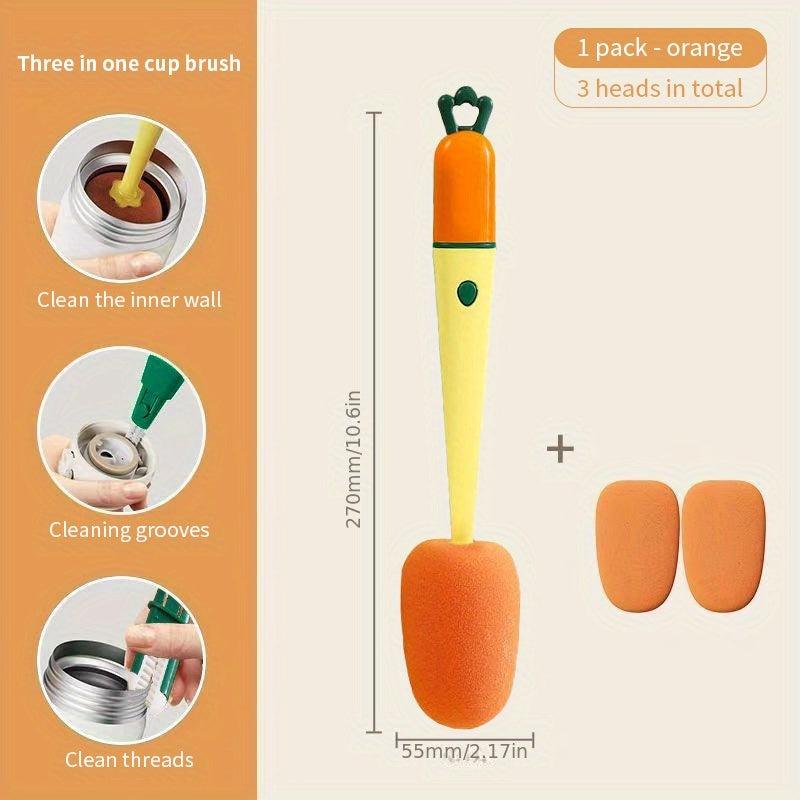 Carrot Cup Cleaning Brush 3-in-1 Long Handle Sponge Silicone Bottle Brush