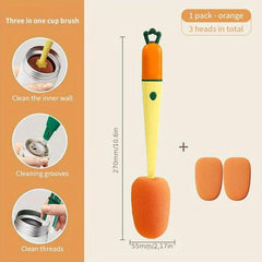 Carrot Cup Cleaning Brush 3-in-1 Long Handle Sponge Silicone Bottle Brush