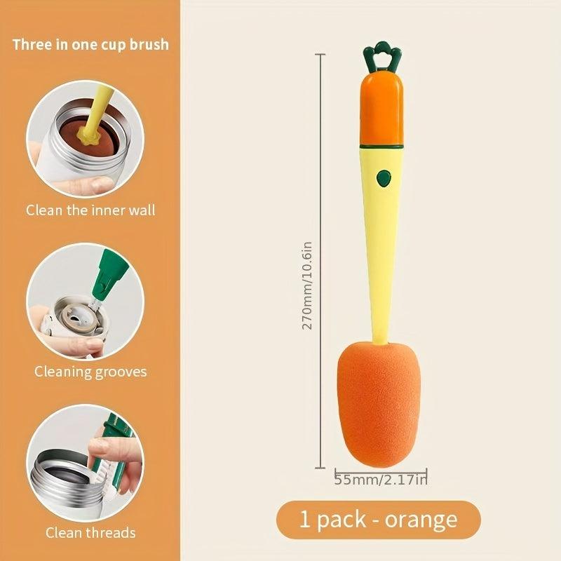 Carrot Cup Cleaning Brush 3-in-1 Long Handle Sponge Silicone Bottle Brush