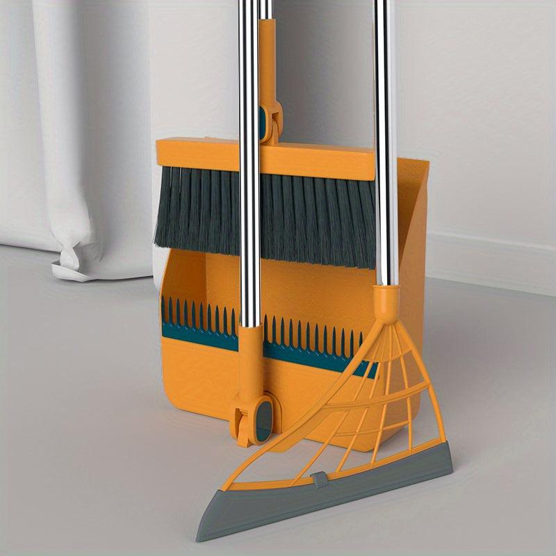 3pcs Household Broom Dustpan Squeegee Set Stainless Steel Long Handle Sweeping