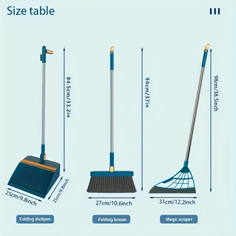 3pcs Household Broom Dustpan Squeegee Set Stainless Steel Long Handle Sweeping