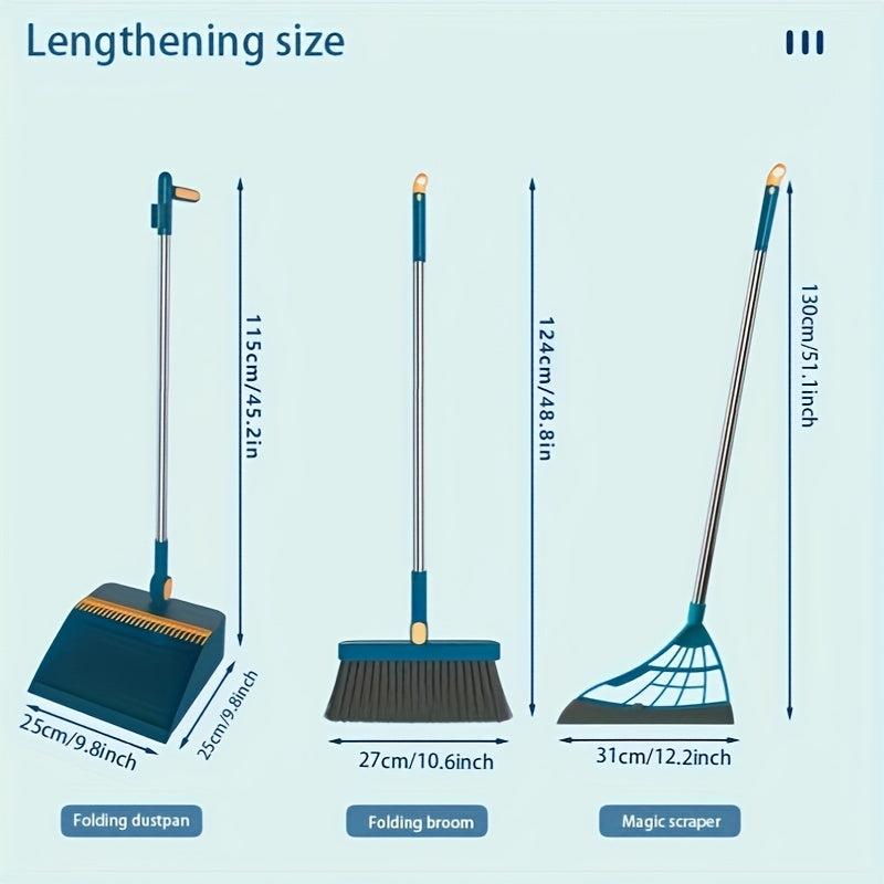 3pcs Household Broom Dustpan Squeegee Set Stainless Steel Long Handle Sweeping