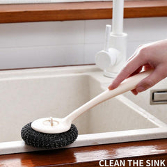 Stainless Steel Wire Ball Brush With Long Handle Kitchen Cleaning Scrubber