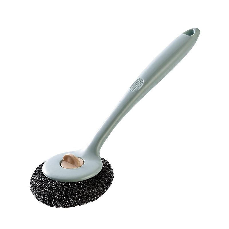 Stainless Steel Wire Ball Brush With Long Handle Kitchen Cleaning Scrubber