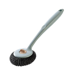 Stainless Steel Wire Ball Brush With Long Handle Kitchen Cleaning Scrubber