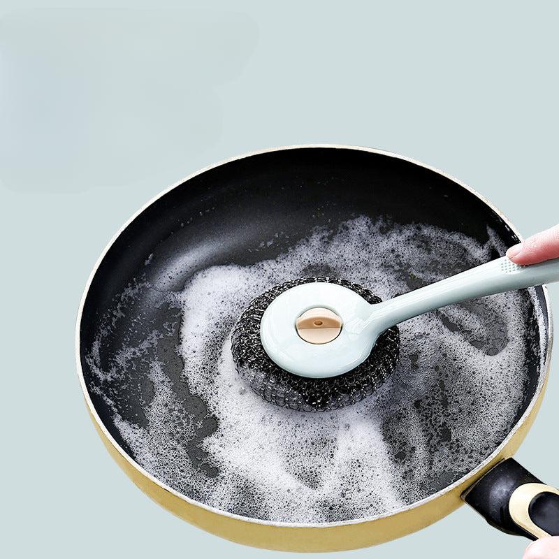 Stainless Steel Wire Ball Brush With Long Handle Kitchen Cleaning Scrubber