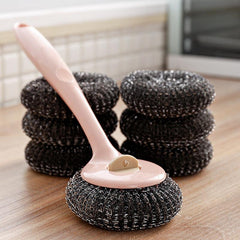 Stainless Steel Wire Ball Brush With Long Handle Kitchen Cleaning Scrubber