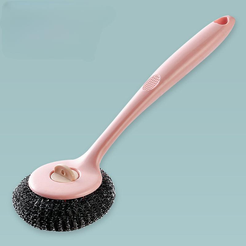 Stainless Steel Wire Ball Brush With Long Handle Kitchen Cleaning Scrubber