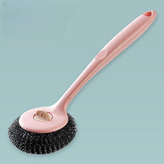 Stainless Steel Wire Ball Brush With Long Handle Kitchen Cleaning Scrubber