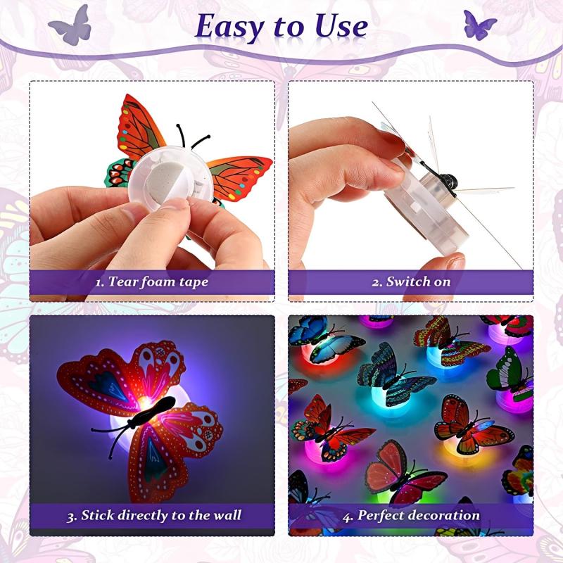 24pcs 3D LED Butterfly Night Light Sticker for Garden Backyard Party
