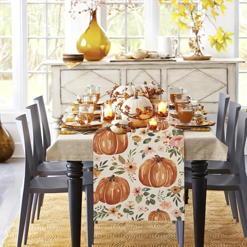 Fall Pumpkin Table Runner Autumn Thanksgiving Floral Kitchen Dining Decor
