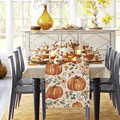 Fall Pumpkin Table Runner Autumn Thanksgiving Floral Kitchen Dining Decor