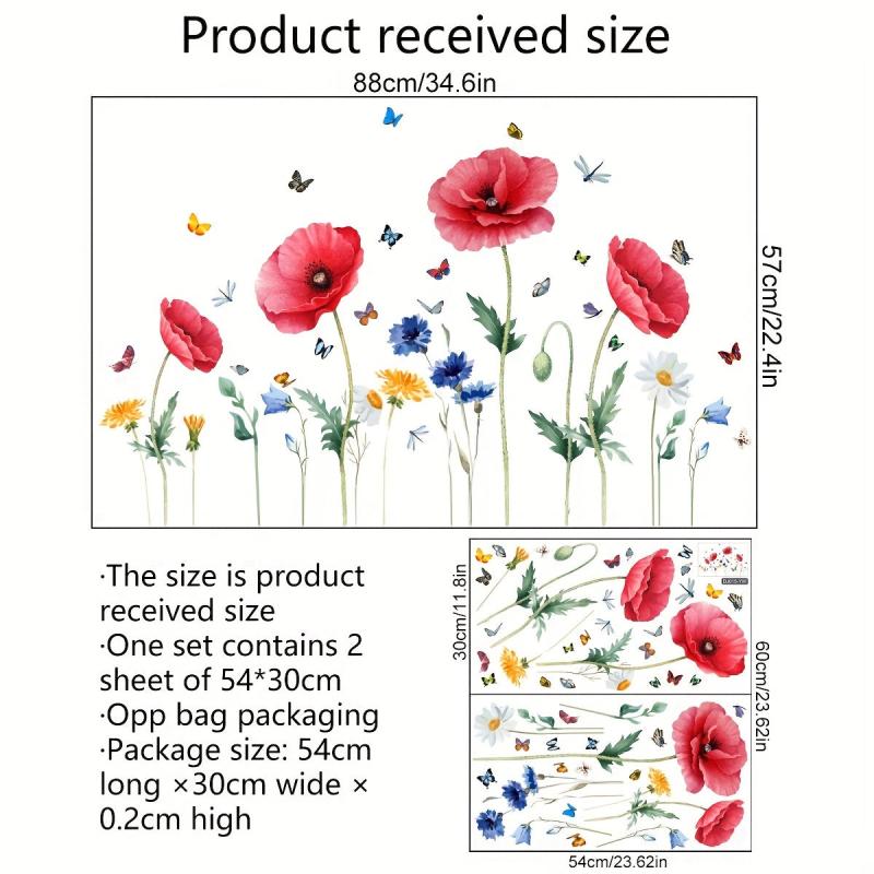 Red Poppy Flower Butterfly Glass Sticker Room Decor