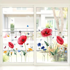 Red Poppy Flower Butterfly Glass Sticker Room Decor