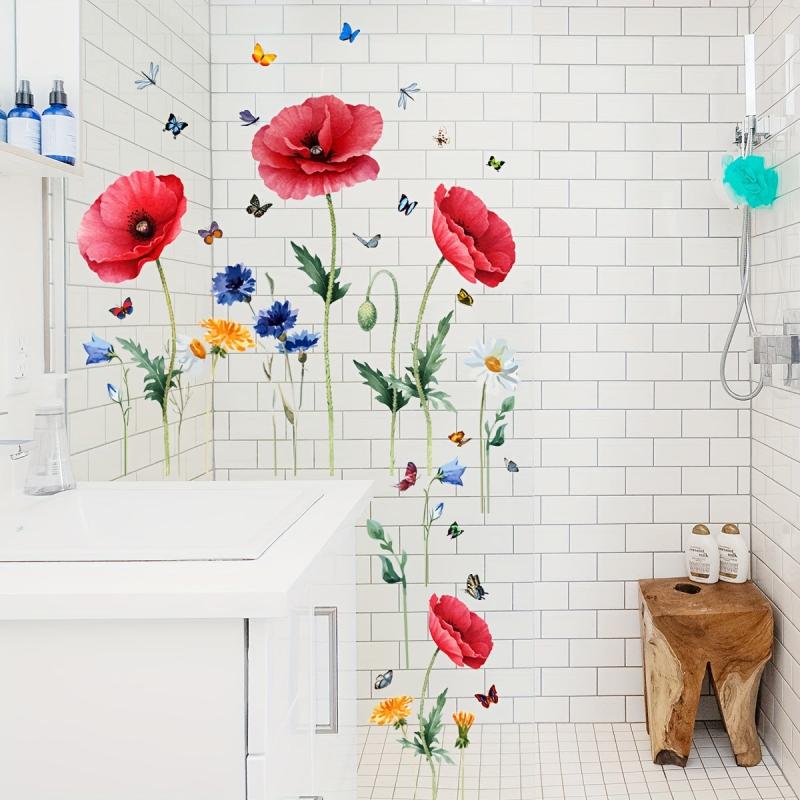 Red Poppy Flower Butterfly Glass Sticker Room Decor