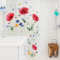Red Poppy Flower Butterfly Glass Sticker Room Decor