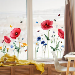 Red Poppy Flower Butterfly Glass Sticker Room Decor